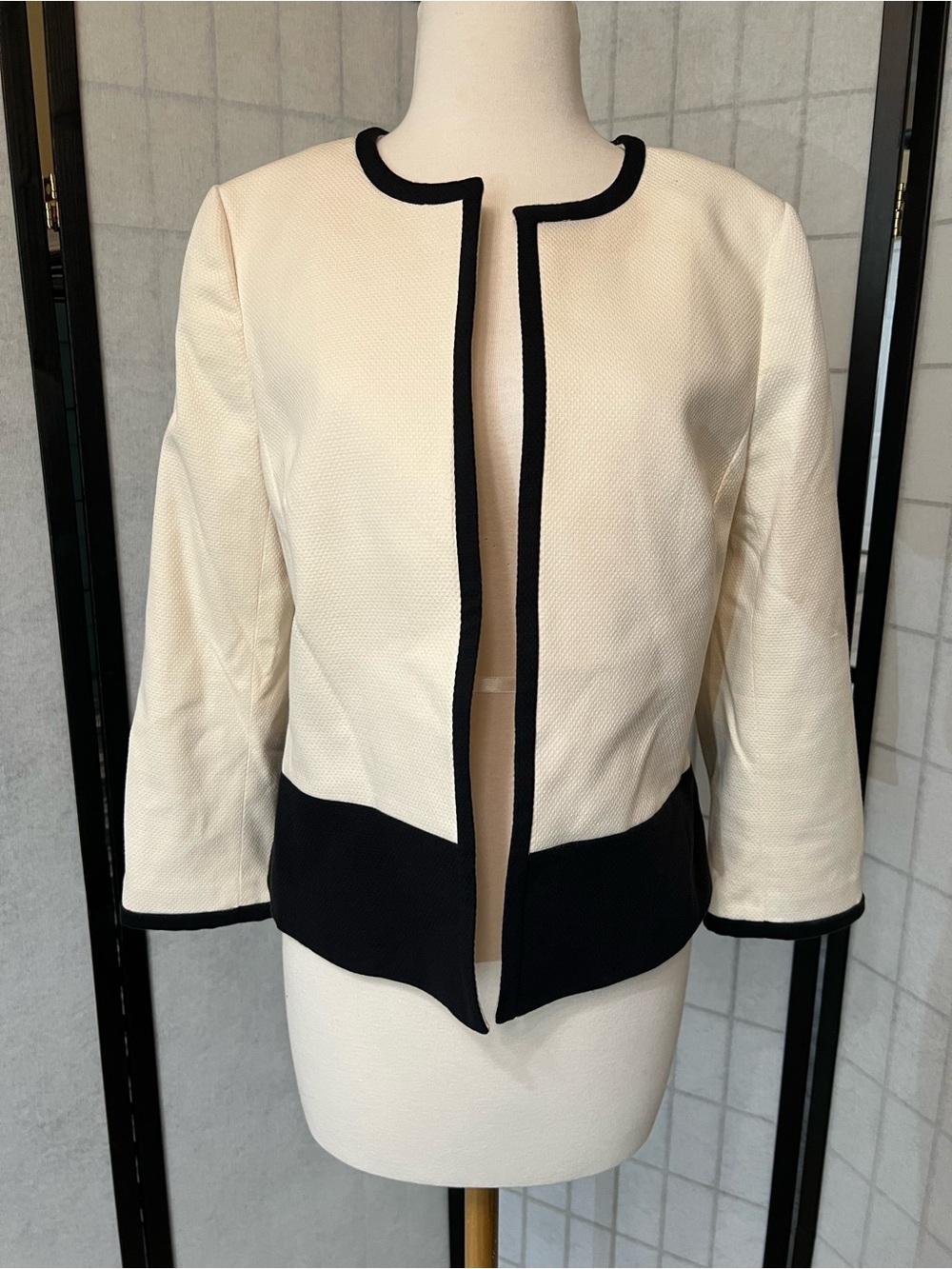 Talbots Cream and Black Open-Front Cropped Jacket